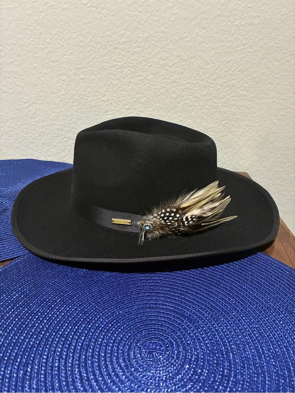 Gigi pip Black Felt Fedora Hat with Feather Accent